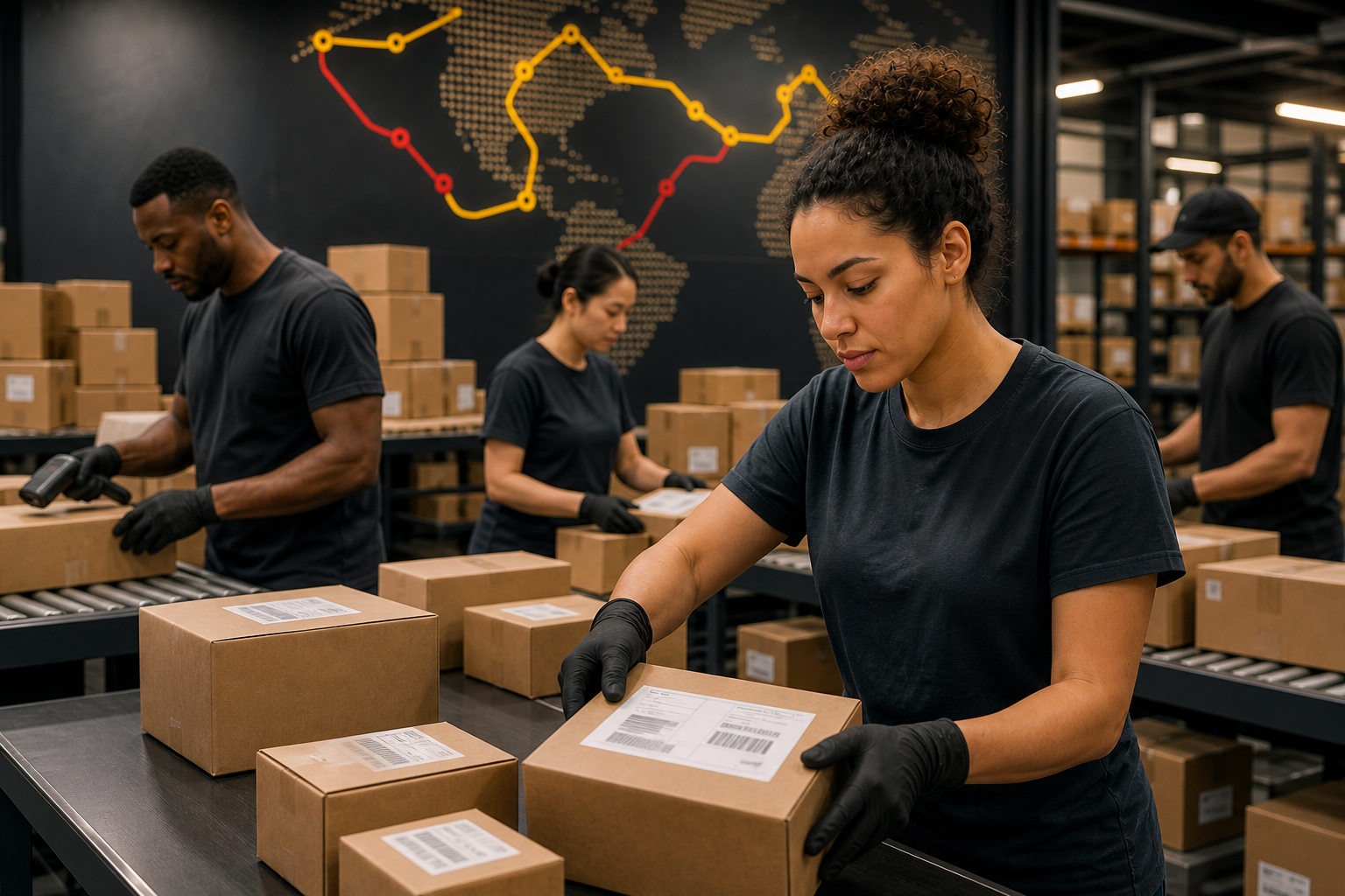 Workers organizing neutral packages and delivery routes in a logistics facility